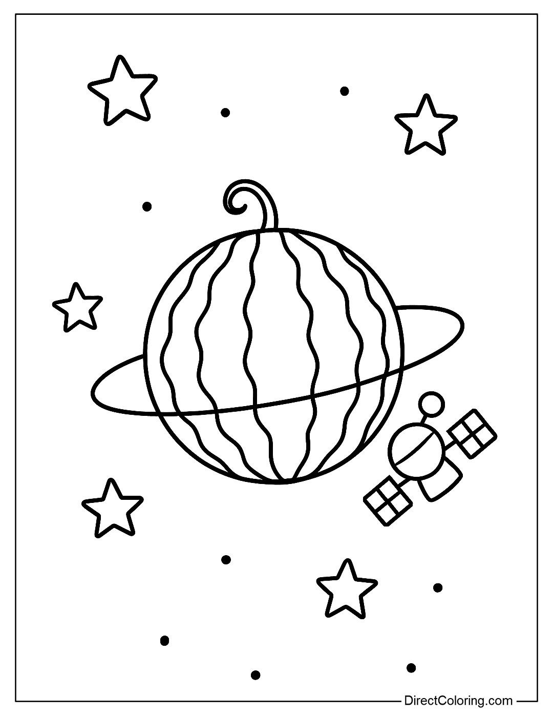 A watermelon planet coloring page flying through space with satellites and stars around it.